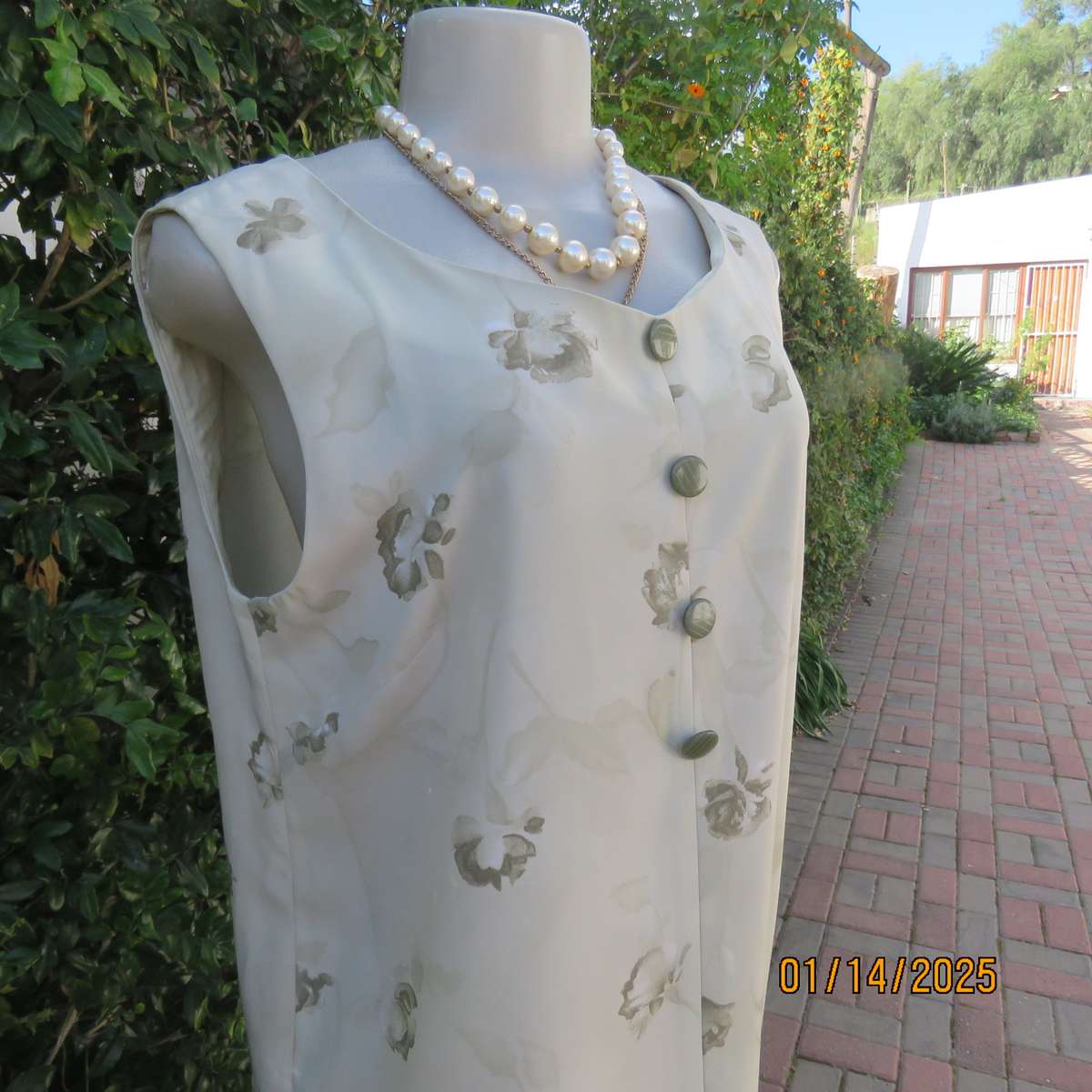 Boutique made sage green shift sleeveless dress with olive green flowers, Size 38. Side slit. As new