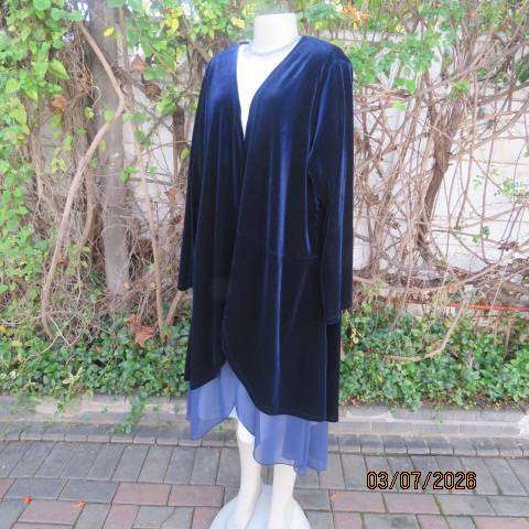 Royal blue stretch poly velvet long open round cut jacket with sheer underlay Size 44-46