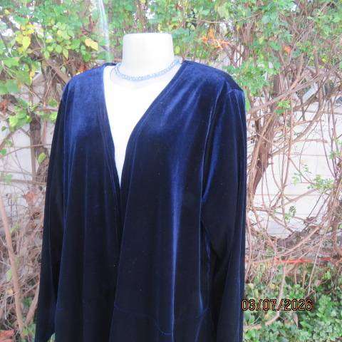 Royal blue stretch poly velvet long open round cut jacket with sheer underlay Size 44-46