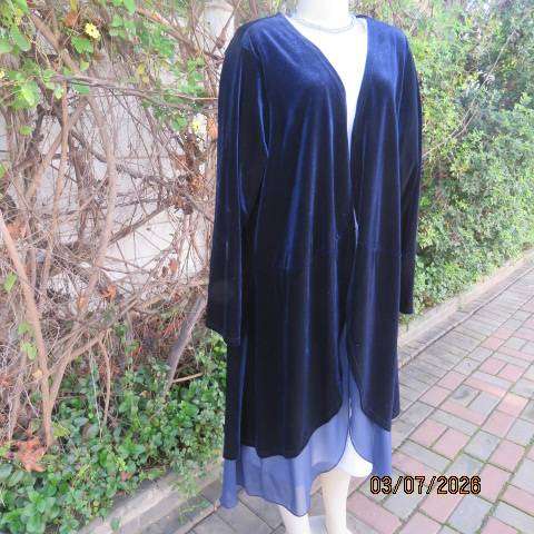 Royal blue stretch poly velvet long open round cut jacket with sheer underlay Size 44-46