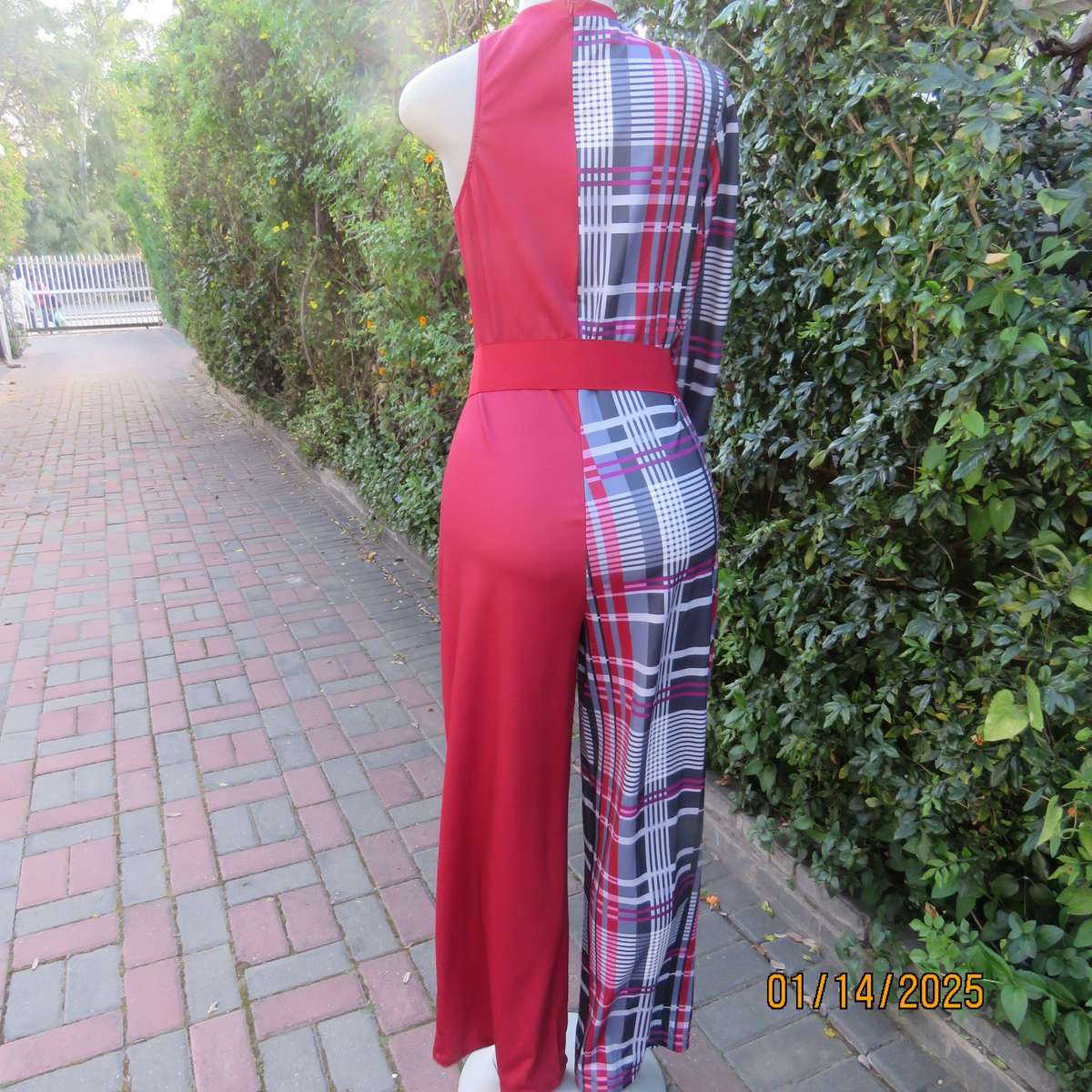 FASHION WEAR unique cat suit Red side and tartan print side.Long sleeve-naked shoulder.Size 37