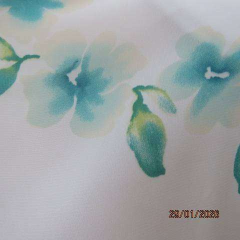 MILADYS white with jade floral print soft polyester button down open collar top. Size 34