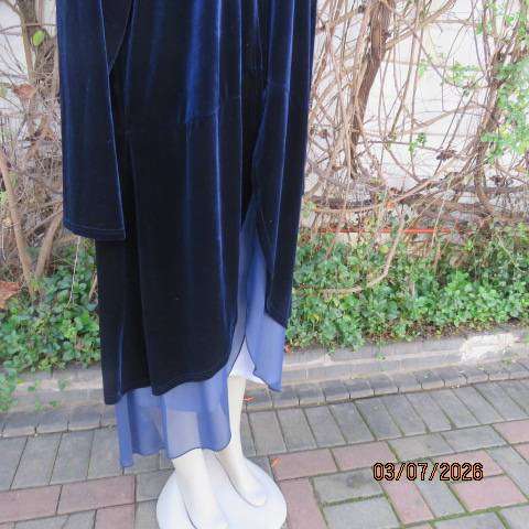 Royal blue stretch poly velvet long open round cut jacket with sheer underlay Size 44-46