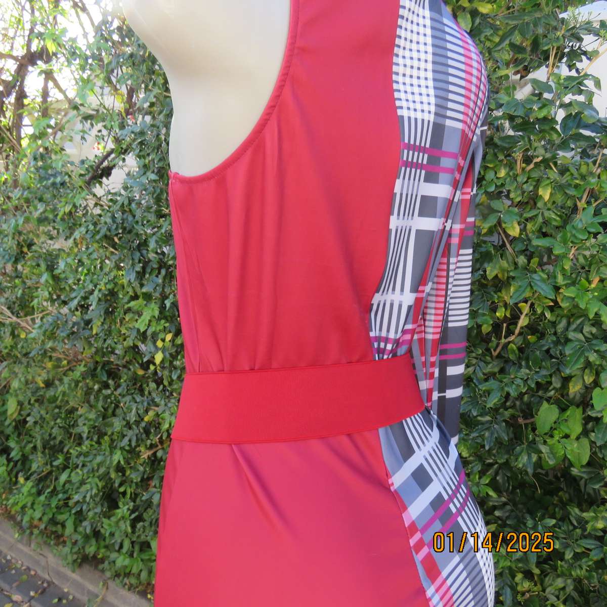 FASHION WEAR unique cat suit Red side and tartan print side.Long sleeve-naked shoulder.Size 37