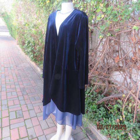 Royal blue stretch poly velvet long open round cut jacket with sheer underlay Size 44-46
