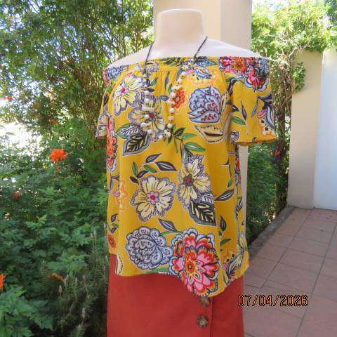 Audacity amber yellow off shoulder capped sleeve top with bold colourful flowers, size 36