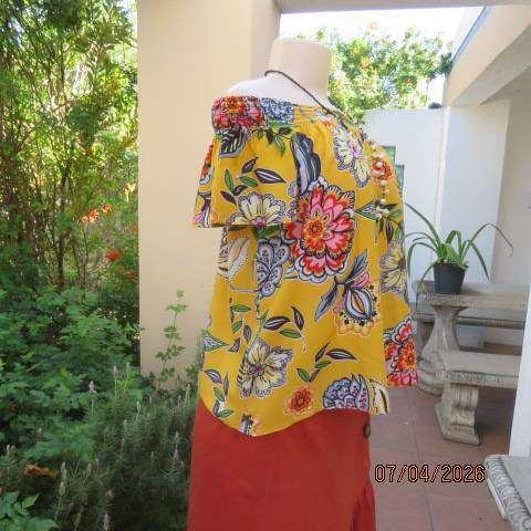 Audacity amber yellow off shoulder capped sleeve top with bold colourful flowers, size 36