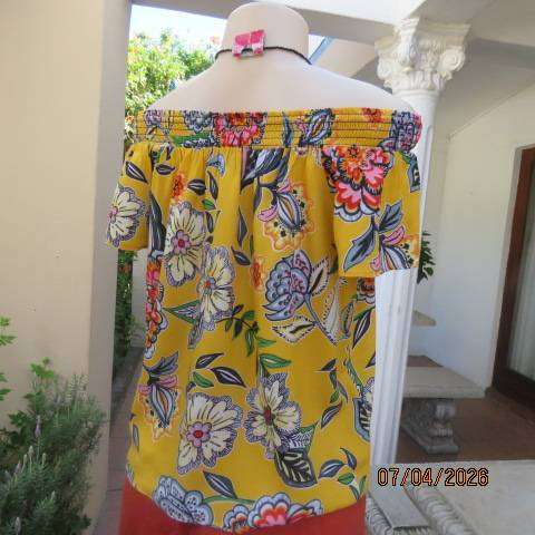 Audacity amber yellow off shoulder capped sleeve top with bold colourful flowers, size 36