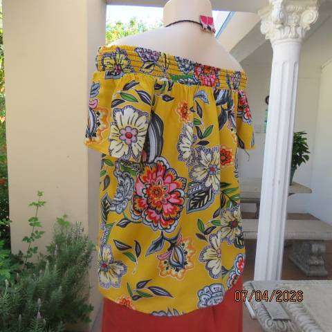 Audacity amber yellow off shoulder capped sleeve top with bold colourful flowers, size 36