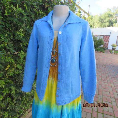 Skyblue handknitted long raglan sleeve button-down cardigan with collar, acrylic size 36