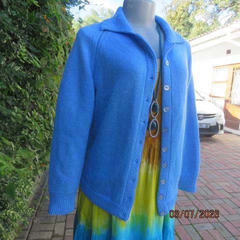 Skyblue handknitted long raglan sleeve button-down cardigan with collar, acrylic size 36