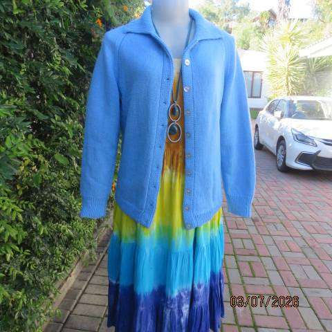 Skyblue handknitted long raglan sleeve button-down cardigan with collar, acrylic size 36