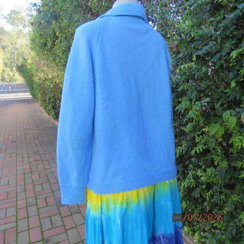 Skyblue handknitted long raglan sleeve button-down cardigan with collar, acrylic size 36