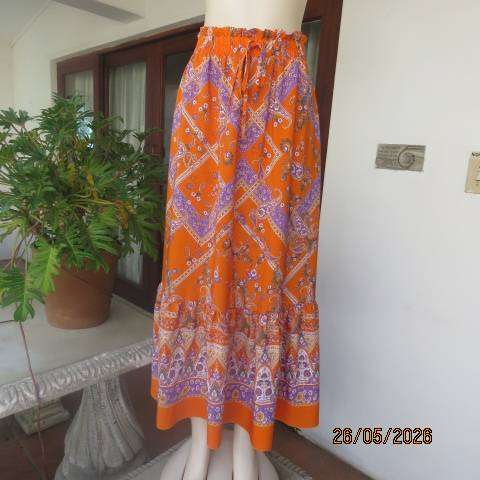 Soft orange floral and stripe maxi skirt with frill hem, size 46-48