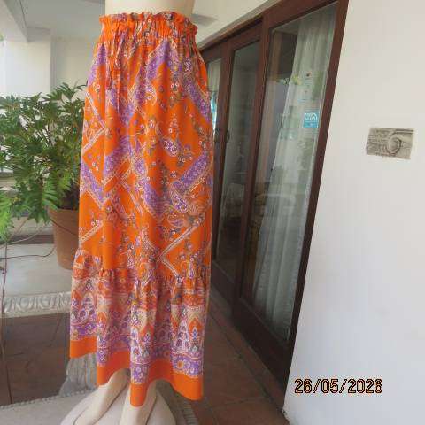 Soft orange floral and stripe maxi skirt with frill hem, size 46-48