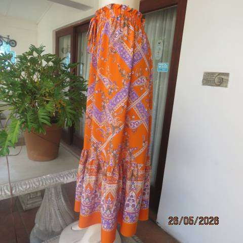 Soft orange floral and stripe maxi skirt with frill hem, size 46-48