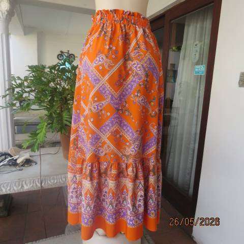 Soft orange floral and stripe maxi skirt with frill hem, size 46-48