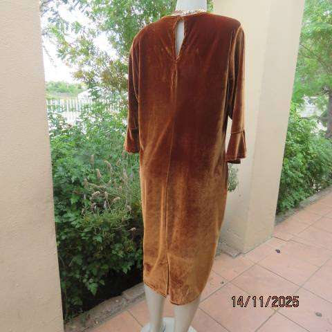 INSPIRE rich ochre colour long stretch polyester velvet dress. With peephole. Size 42