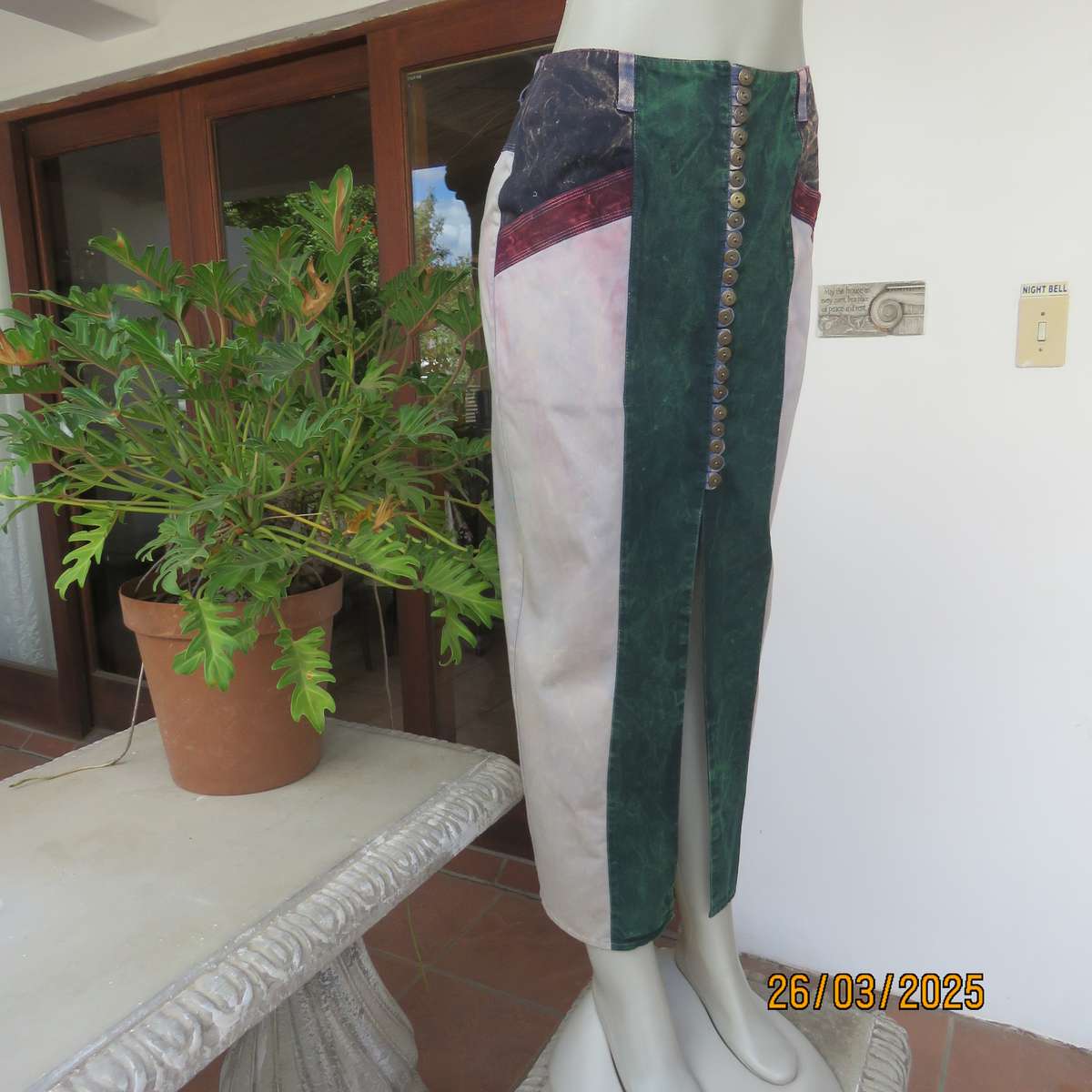 YEBO sleek marble colour washed denim cotton ankle length button down skirt size 34.