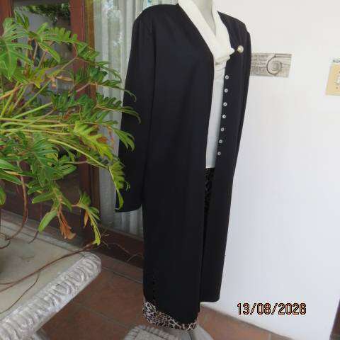 IN Clothing Black lightweight long sleeve collarless coat with 3rd button-down front, size 40-42