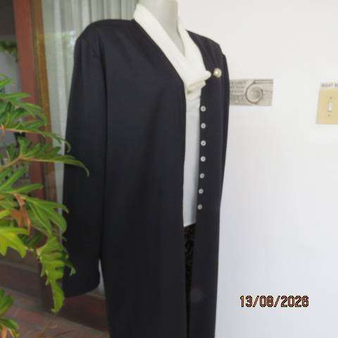 IN Clothing Black lightweight long sleeve collarless coat with 3rd button-down front, size 40-42