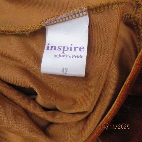 INSPIRE rich ochre colour long stretch polyester velvet dress. With peephole. Size 42