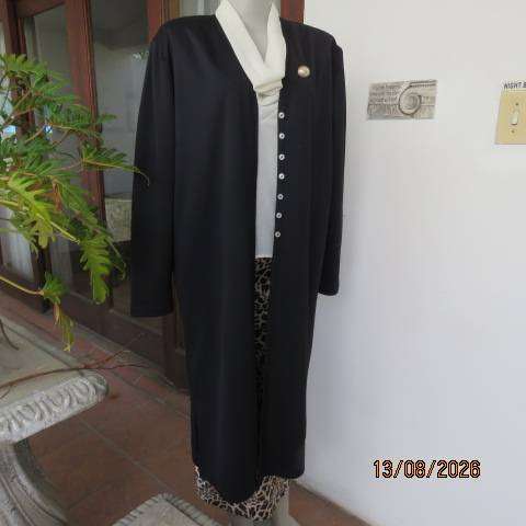 IN Clothing Black lightweight long sleeve collarless coat with 3rd button-down front, size 40-42