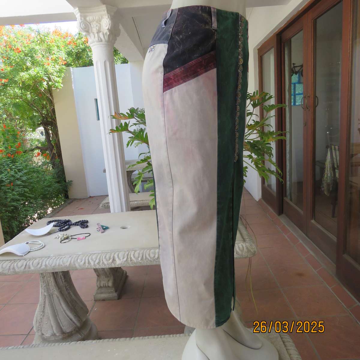 YEBO sleek marble colour washed denim cotton ankle length button down skirt size 34.