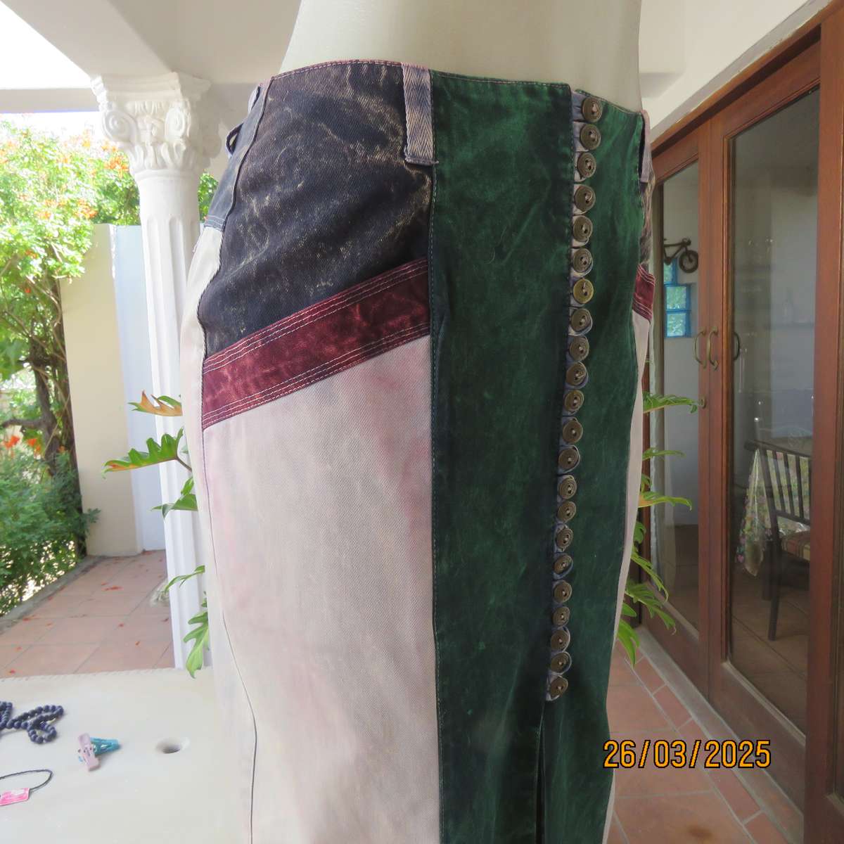 YEBO sleek marble colour washed denim cotton ankle length button down skirt size 34.