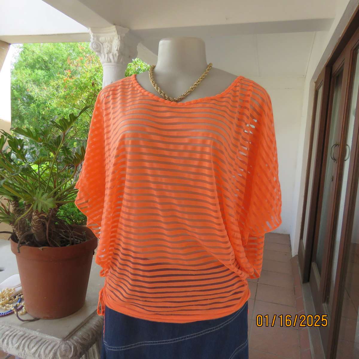 Neon orange slip over top only attached with drawstrings at bottom sides.Opaque polycotton.Size 40.