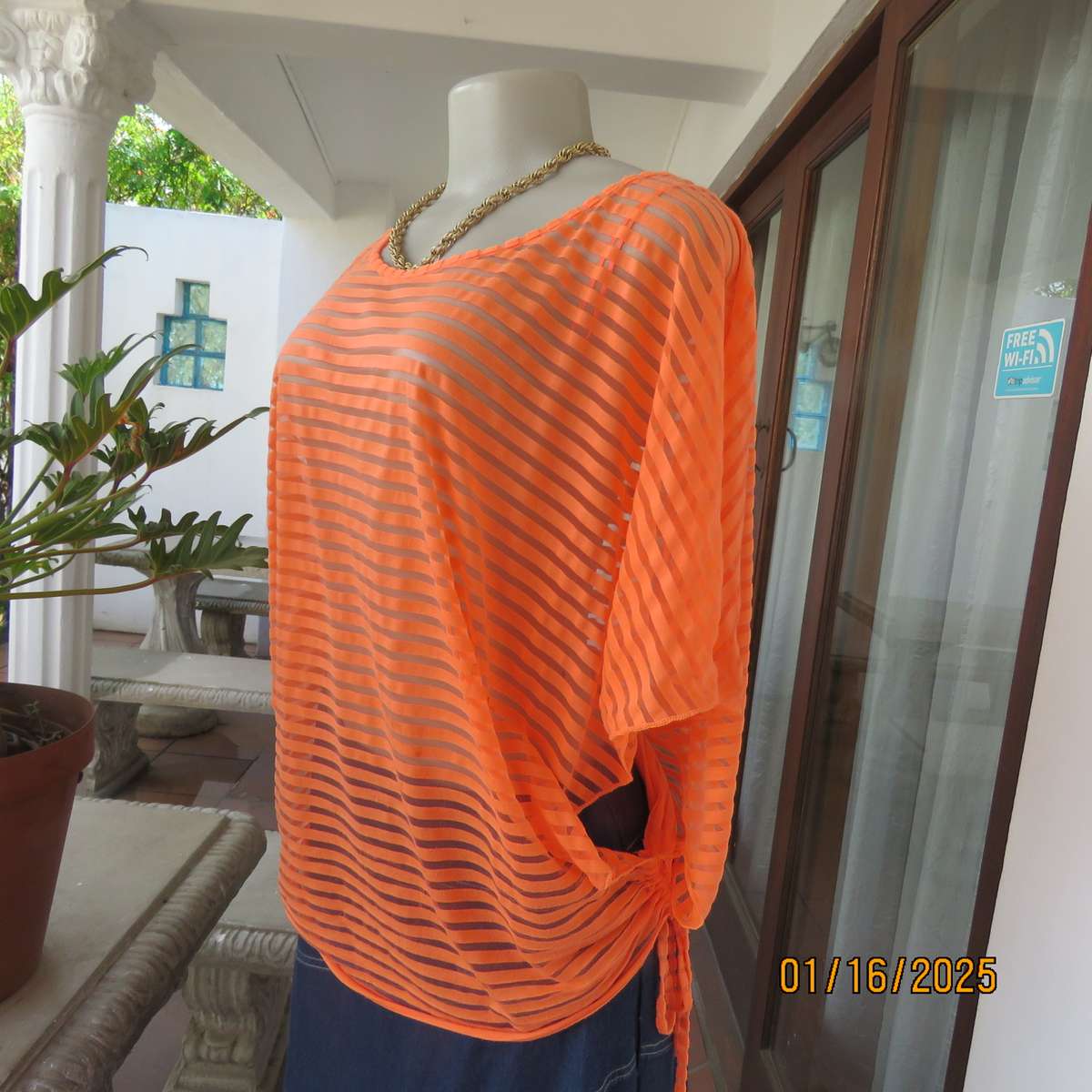 Neon orange slip over top only attached with drawstrings at bottom sides.Opaque polycotton.Size 40.