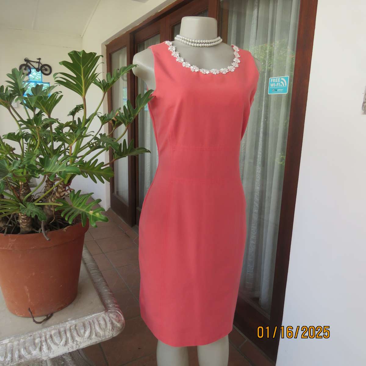 MILADY'S elegant pink crimson colour princess style dress, Zip at back. Decorated neckline.Size 36.