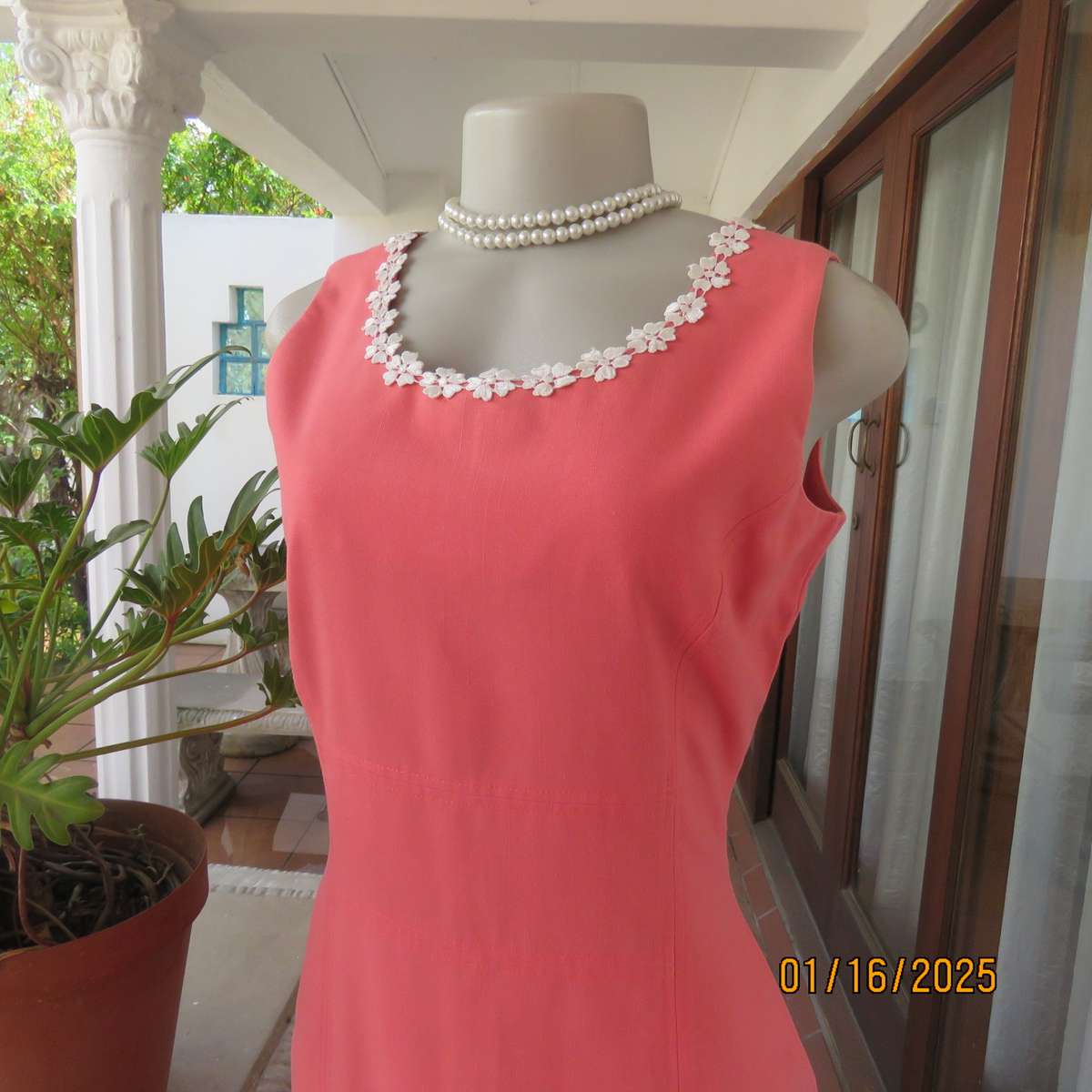 MILADY'S elegant pink crimson colour princess style dress, Zip at back. Decorated neckline.Size 36.