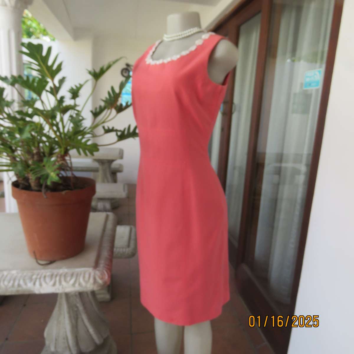 MILADY'S elegant pink crimson colour princess style dress, Zip at back. Decorated neckline.Size 36.