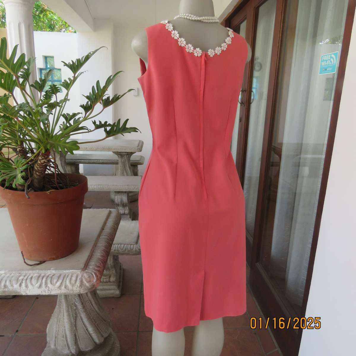 MILADY'S elegant pink crimson colour princess style dress, Zip at back. Decorated neckline.Size 36.
