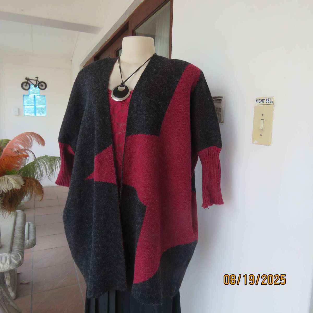 ROSSELINI acrylic knit dark grey-crimson open wide cardigan size 36-38