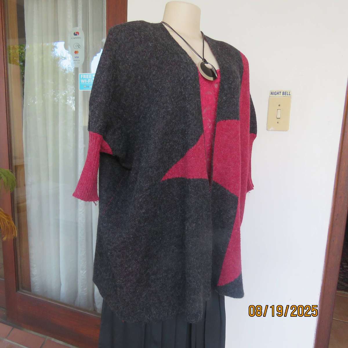 ROSSELINI acrylic knit dark grey-crimson open wide cardigan size 36-38