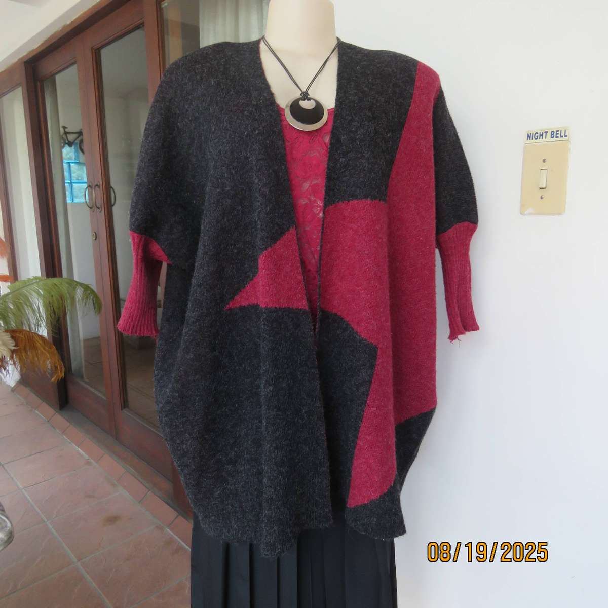 ROSSELINI acrylic knit dark grey-crimson open wide cardigan size 36-38