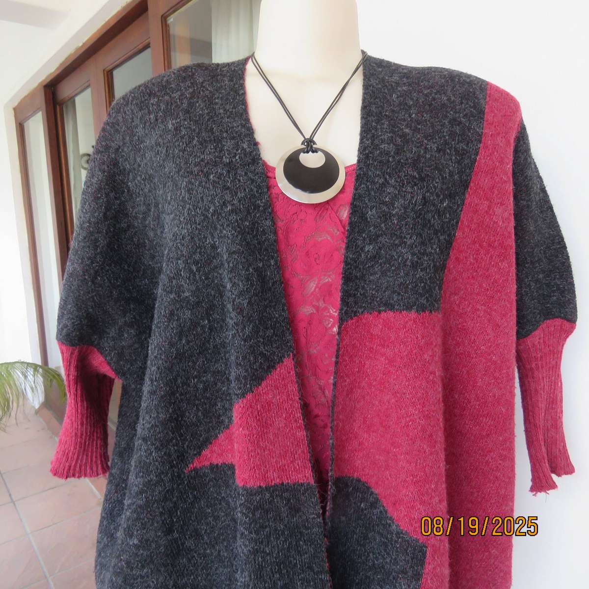 ROSSELINI acrylic knit dark grey-crimson open wide cardigan size 36-38