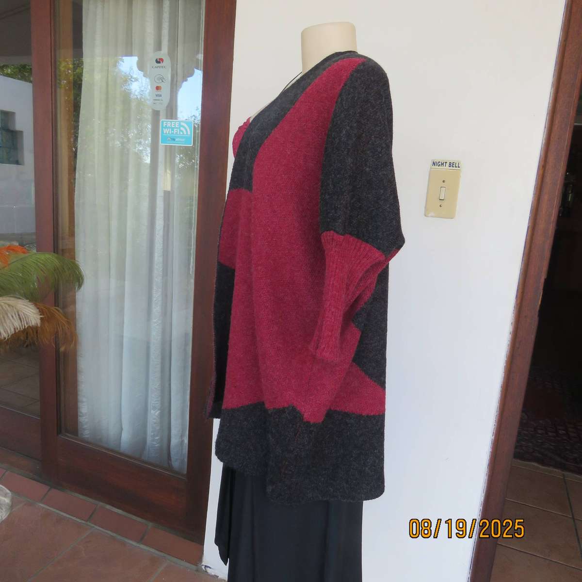 ROSSELINI acrylic knit dark grey-crimson open wide cardigan size 36-38