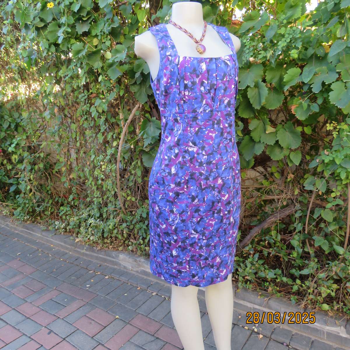 BASQUE blue-purple cotton stretch empire style dress. Lined. Size 36. As new