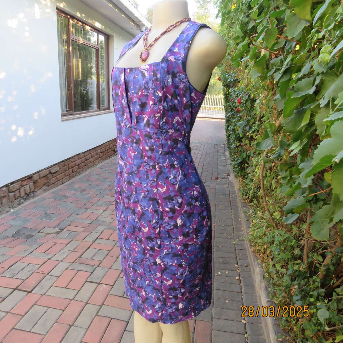 BASQUE blue-purple cotton stretch empire style dress. Lined. Size 36. As new