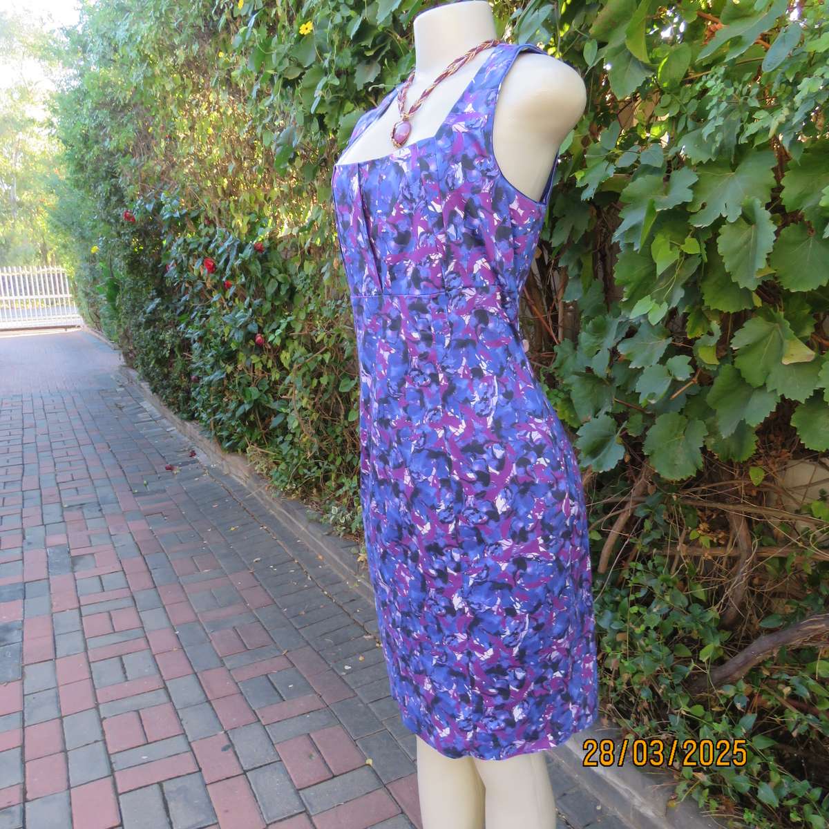 BASQUE blue-purple cotton stretch empire style dress. Lined. Size 36. As new