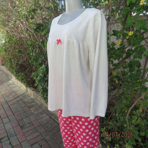 Pink and white polka dot pajama set with long sleeve top and pants, size 44