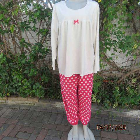 Pink and white polka dot pajama set with long sleeve top and pants, size 44