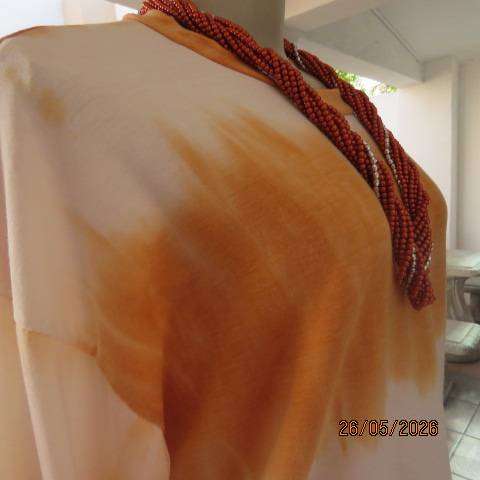Polycotton stretch top in white and caramel lines resembles colour wash. size 42