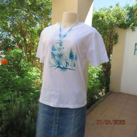 White cotton short sleeve T-shirt with jade owl logo, size 36
