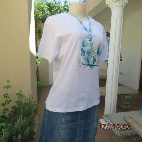 White cotton short sleeve T-shirt with jade owl logo, size 36