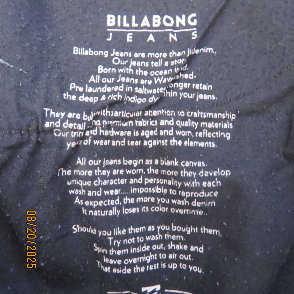 BILLABONG blue denim stretch polycotton jeans size 40 worn by lady.