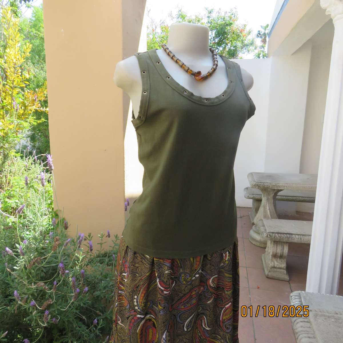 WOOLWORTHS olive green slip over cotton-lycra top.Size 38.Stud decoration. As new condition